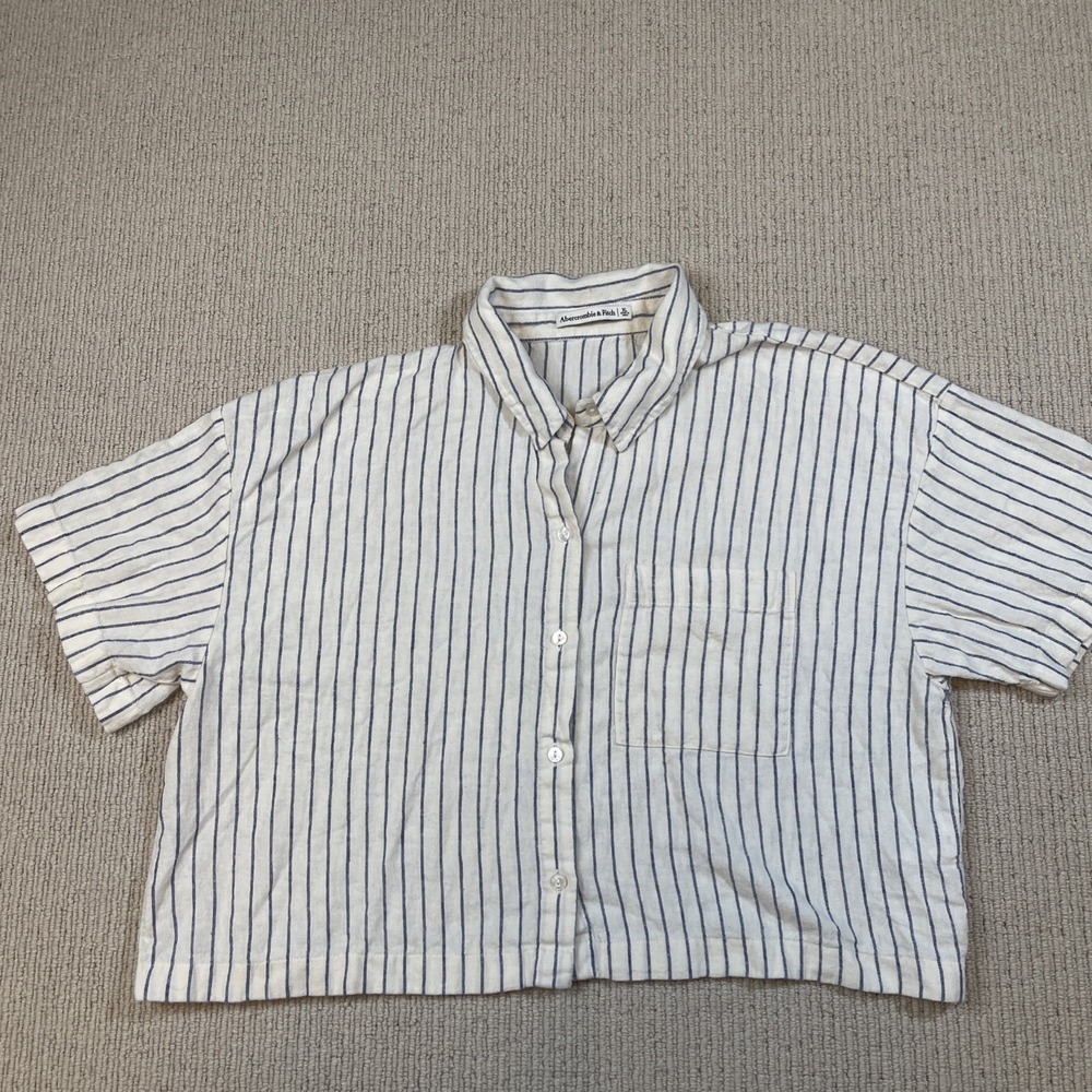 Abercrombie And Fitch Women's XL Cropped Button-Down Striped Linen Blend